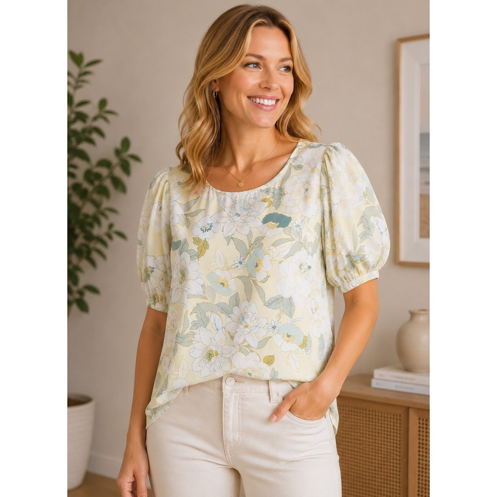 LOFT Top M Yellow Floral Puff Sleeve Mixed Media Spring Cottagecore Relaxed Boho